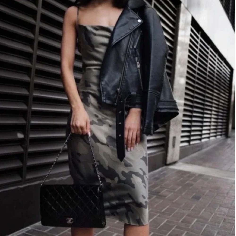 Banana Republic S Camo Slip Dress Green Cowl Neck Mini Silky NWT Y2K